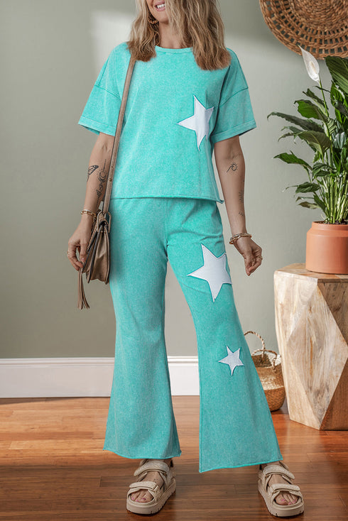 Retro Star Patched Wide Leg Cotton Lounge Set
